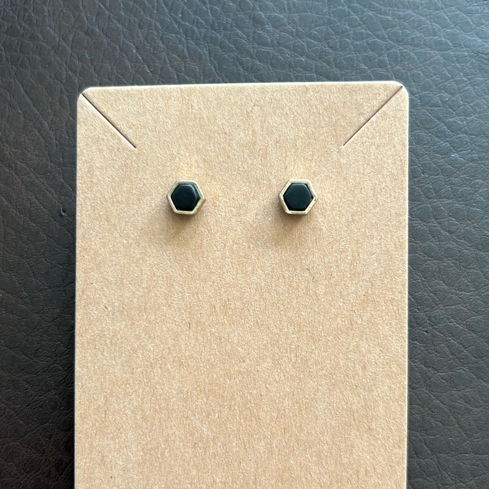 Black studded earrings, gold metal